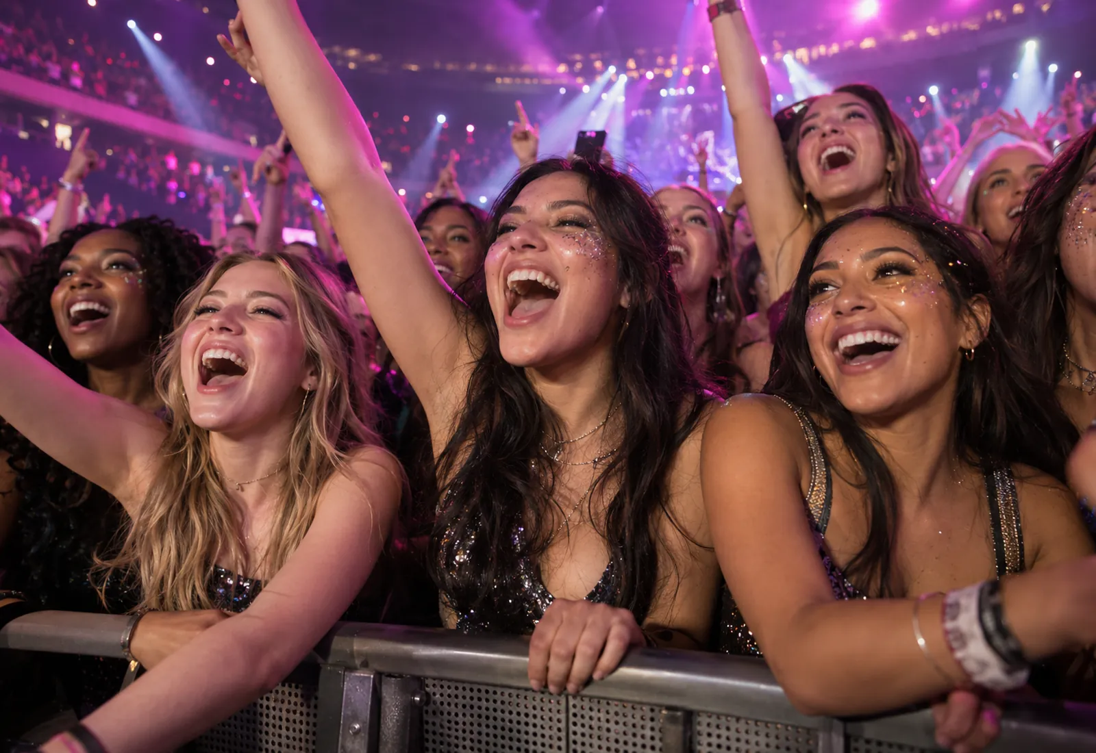 Young adult fans screaming with joy at a concert barricade