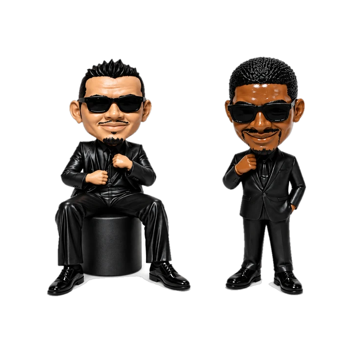 Mini collectable figures in black suits and shades